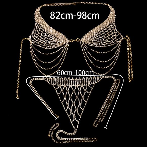 Tassel Underwear Rhinestone Bra Thong Lingerie Body Chain Bikini Body Jewelry - Picture 7 of 7
